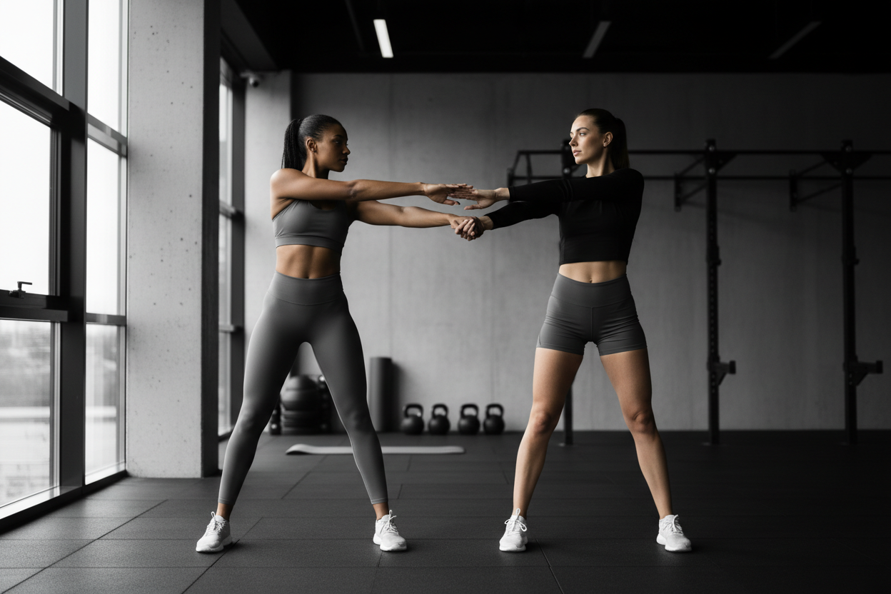 Two women from Evolk exercising together in a gym setting