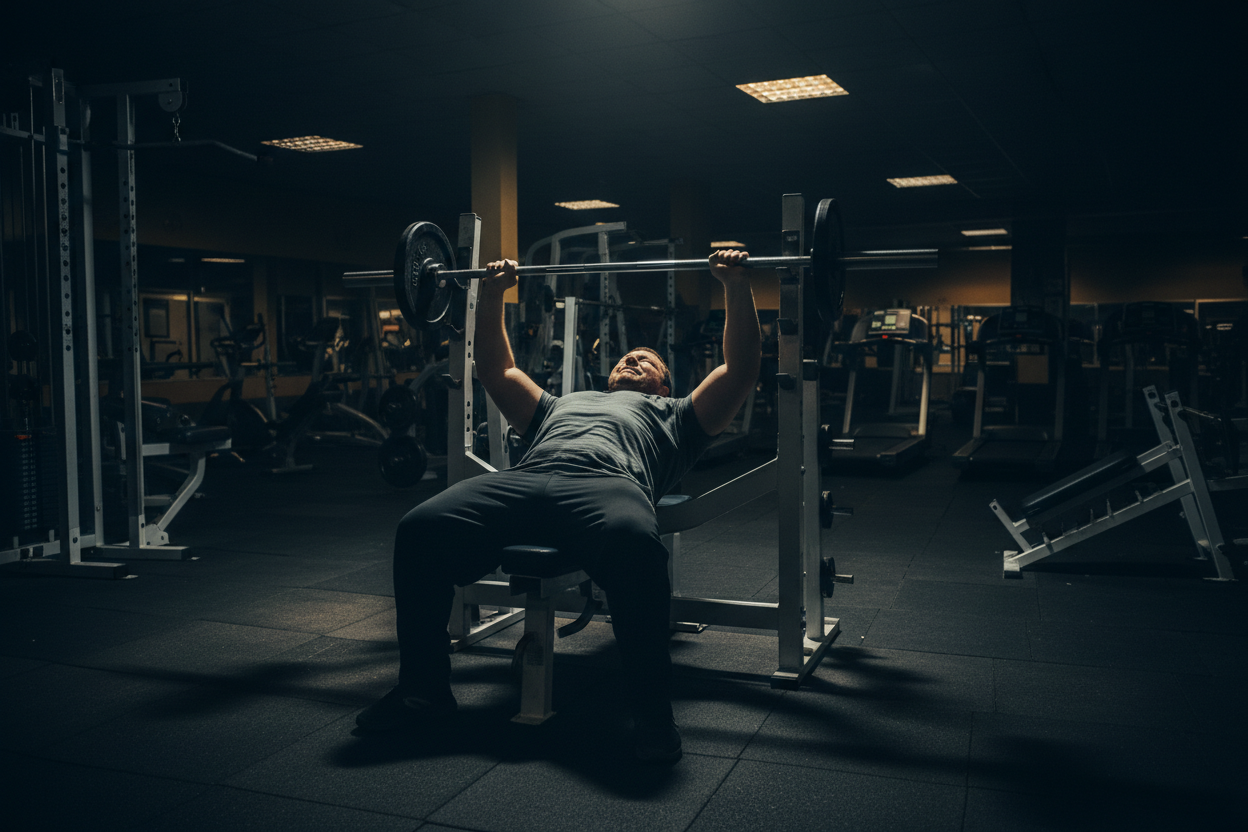 stressed out heavy set guy in the gym lifting weights bench pressing, does not look happy and no coach to help him, low exposure dim lighting gym